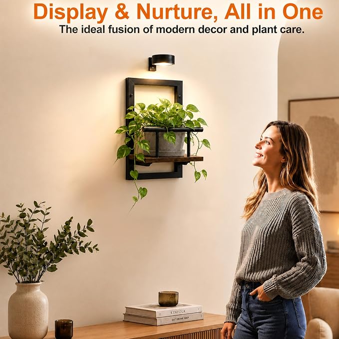 2 Pack Plant Wall Shelf with Grow Light, Wall Mounted Indoor Plant Shelf | Rechargeable Cordless Magnetic Grow Light with Remote Timer Dimming, Floating Plant Shelf for Living Room Office Decor