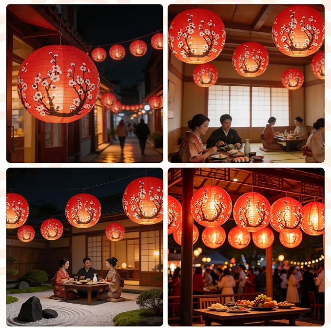 6 Pcs Red Paper Lanterns Decorative 10x12 Inch, ZUEXT Cherry Blossom Hanging Round Chinese/Japanese Lantern for Festival Theme Birthday Party Wedding Home Yard Japanese Eateries Decor Oriental Style