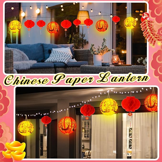 Tuanse 30 Pcs Chinese Japanese Paper Lanterns with LED Light, 2026 Chinese Lunar New Year Decoration Cherry Blossom Red Hanging Lanterns for Spring Festival Home Decor(12 Inch,Red, White)