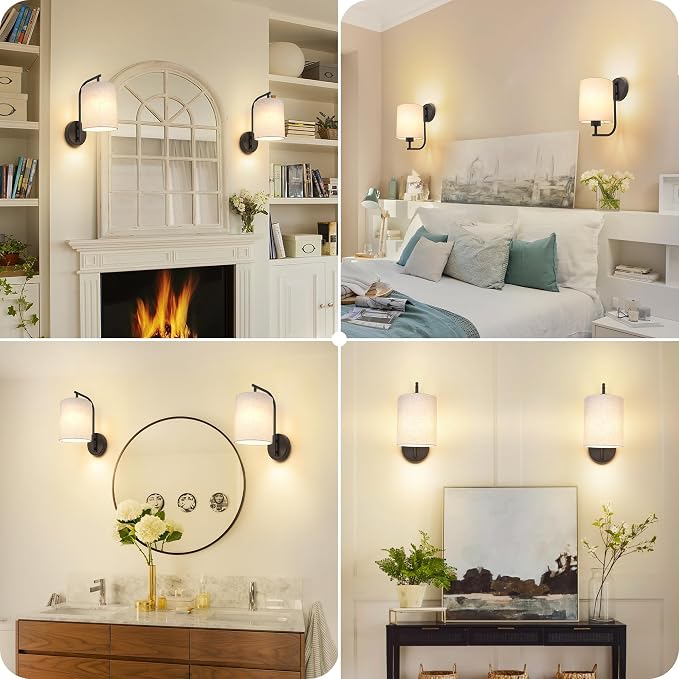 Battery Operated Wall Sconce Set of 2, Black Wall Light Fixture | Rechargeable Wall Mount Light, Dimmbale Bulb & Remote, 12 RGB Colors & Timer, Wireless Wall Lamp Linen Shade, Bedroom Hallway