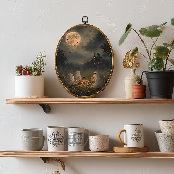 Ghost Tea Party Oval Wall Art, Framed Canvas Decor, 8.5x11.5 Inch | Ghost tea party under full moon, bats, lantern and haunted mansion Halloween decor