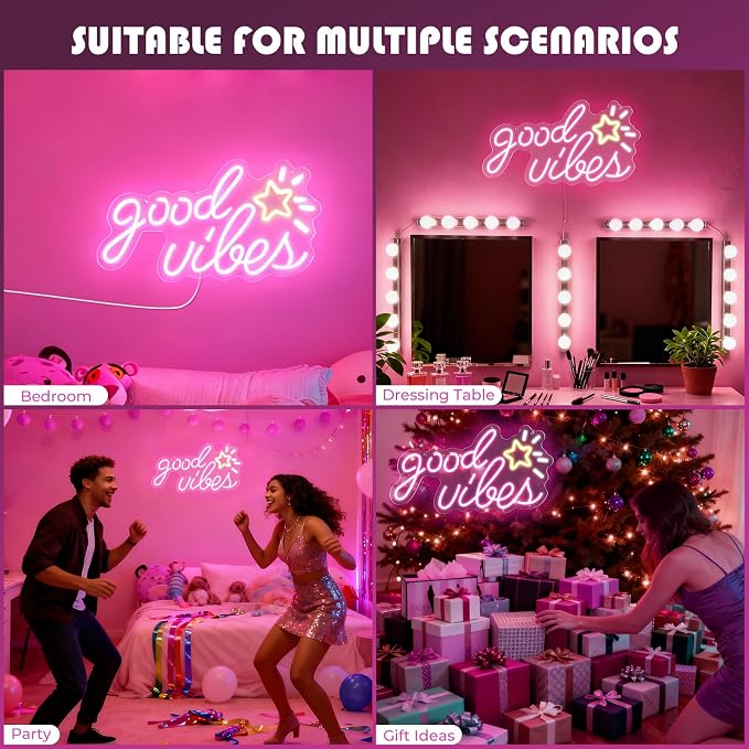 Good Vibes Neon Sign, 16 * 8.6 Inches Led Sign, Neon Signs for Wall Decor with Dimmable Switch, Powered by USB Light up Sign, Pink Neon Lights for Teen Girls Bedroom, Salon, Party