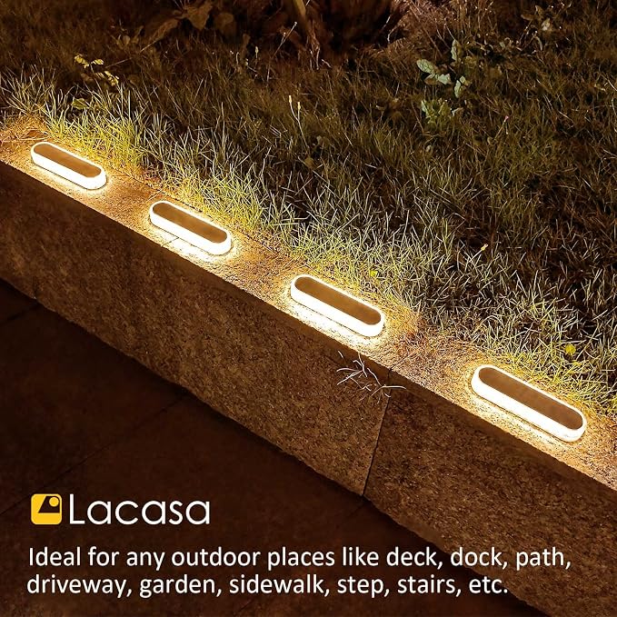 Lacasa Solar Deck Lights, 4 Pack 40LM Solar Powered Step Lights, LED Dock Light Warm White 2700K Outdoor In-Ground Lights IP68 Waterproof Auto ON/Off for Garden Stairs Driveway Pathway Lighting