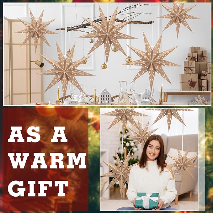 5-Piece 3D Paper Lantern - 24 inch Hollow Star Lamps - Xmas, Wedding, Birthday Multicolor Pack (9 Pointed Stars, Light Khaki)