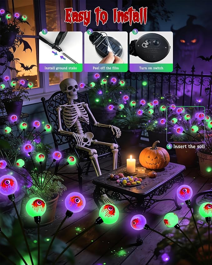 OZS 6 Pack 36 LED Solar Eyeball Lights for Outdoor Halloween Decorations | Purple & Green Solar Halloween Lights, Bleeding Eyes, Swaying by Wind, IP65 Waterproof, 2 Modes for Pathway Garden Yard Decor