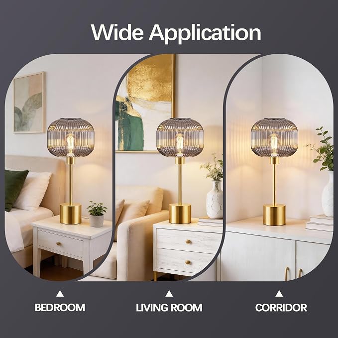QiMH Glass Table Lamp for Living Room, Modern Bedside Lamp with Grey Ribbed Glass Shade, 3-Way Dimmable Touch Control Nightstand Lamp for Bedroom, Brushed Gold (2700K LED Bulb Included)