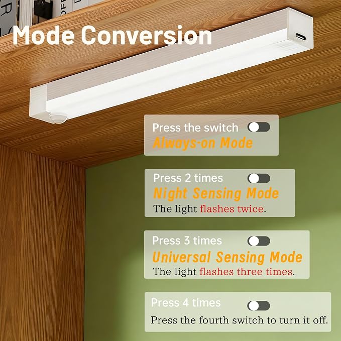 6 Pack Under Cabinet Light,Motion Sensor LED Lights with Magnetic 8 inch,Rechargeable Indoor Wireless Closet Lights for,Kitchen,Stairs Cabinet