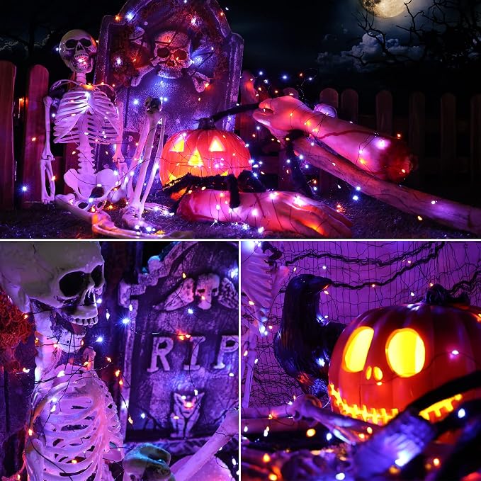 Brizled Outdoor Halloween Lights Orange Purple Solar Halloween Fairy Lights | 2 Pack Total 78FT 240 LED; Black Wire; 8 Modes; Waterproof Spooky Twinkle Lights for Yard Garden Spooky Party Decorations