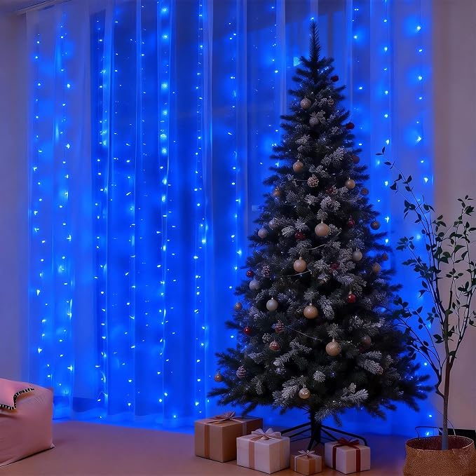 300LED Fairy Curtain Lights 9.8ft x 9.8ft LED Dimmable Twinkle Lights | with Remote and Timer USB Plug in 8 Modes String Lights for Bedroom Indoor Outdoor Party Christmas Decor, Blue