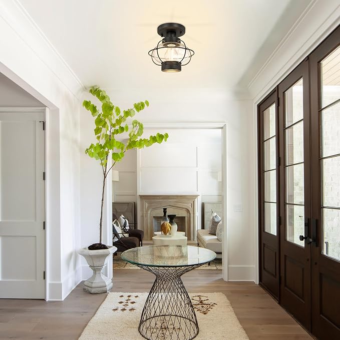 Porch Ceiling Light Fixture, Industrial Flush Mount, Glass Globe, E26 | Farmhouse Design for Indoor & Outdoor. Ideal for Hallway, Bedroom, Balcony, Stairway. Easy to Install. Hardware Included.