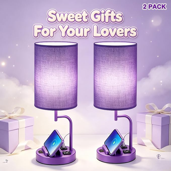 Dreamholder 2 Pack Table Lamp, Bedside Lamp with 3 USB Charging Ports & AC Outlet, USB Desk Lamp with 2 Phone Holders, Linen Fabric Shade Nightstand Lamps for Bedroom Living Room Office, Purple