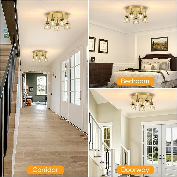 Baocuz 5-Light Semi Flush Mount Ceiling Light, Gold Kitchen Lighting Fixtures Ceiling with Metal Shade, Hallway Light Fixtures with Mini Cage for Entryway, Bedroom, Living Room