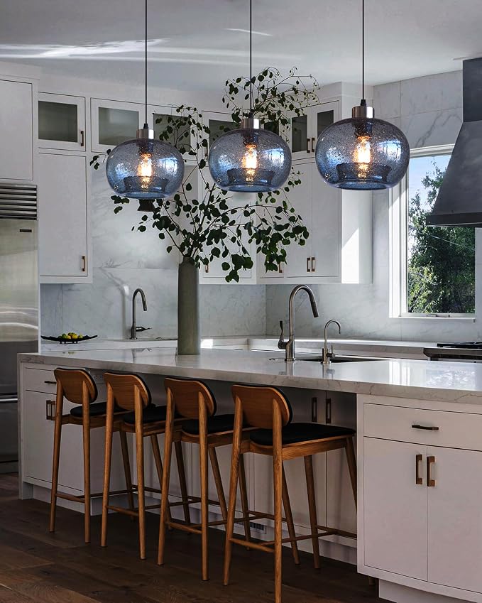 Blue Pendant Light, Hand Blown Glass,Brushed Nickel, 8.7 Inch | Modern Rustic Ceiling Hanging Fixtures Dimmable Kitchen Island Sink Foyer,Adjustable Cord ETL Certification