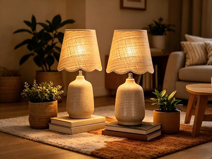 Set of 2 19" Modern Ceramic Table Lamp for Living Room Gray Camel Base Desk Lamps for Bedroom Farmhouse Bedside Nightstand Lamp End Table Lamps,Pink,Rattan Shade