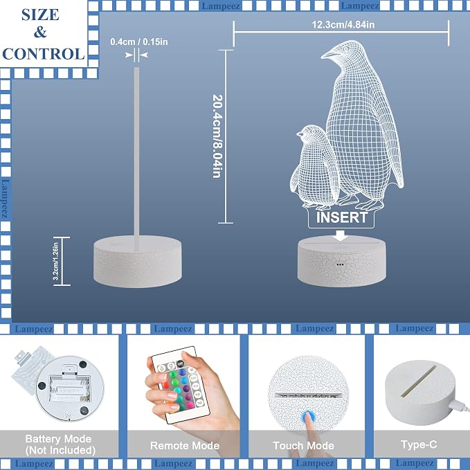 Lampeez Penguin Gift, Penguin 3D Night Light for Kids, 16 Colors Changing Illusion Lamp with Remote Control Dimmable Function 4 Flashing Mode, Kids Bedroom Decor Gifts for Boys Girls