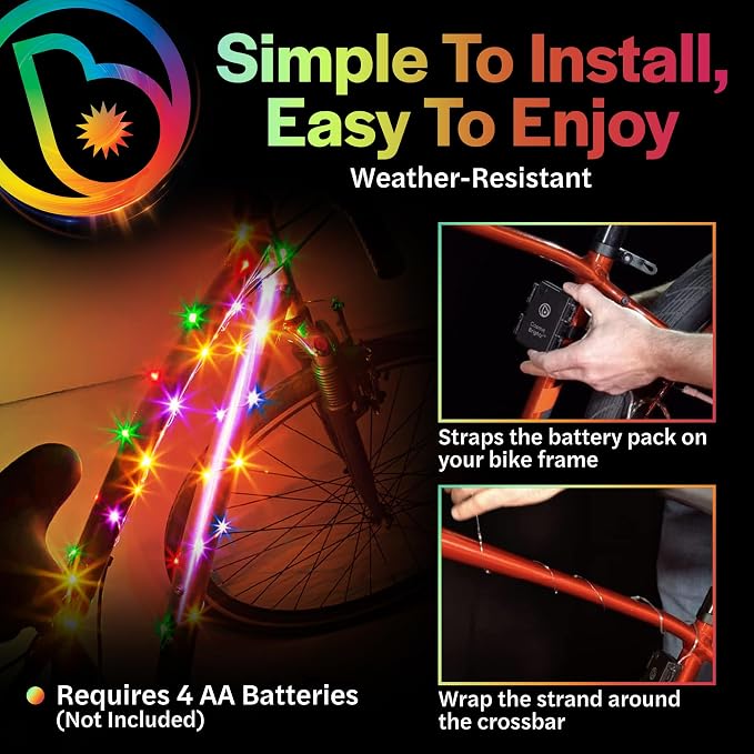 Brightz CosmicBrightz LED Bike Frame Rope Light - 6.5-Foot String Rope - Battery-Powered with On/Off Switch - Ultra Bright Color Keeps Your Ride Fun and Safe for Kids, Teens, & Adults