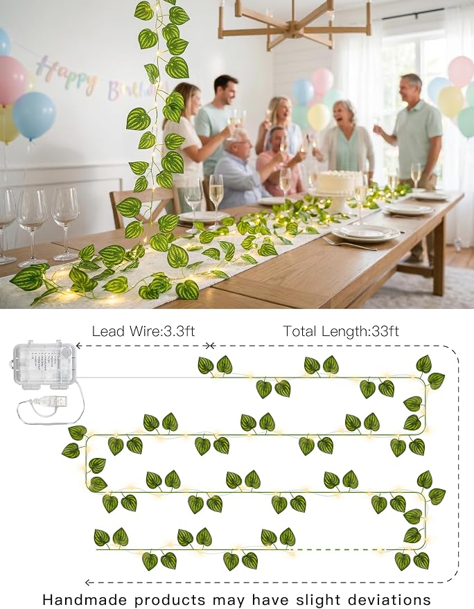 33FT Watermelon Vines with Lights Battery&USB Powered Copper Wire | 100Led Leaves String Lights with Remote,Artificial Plants for Indoor, Bedroom,Wall,Party Tropical,Dorm Decor(Warm White)