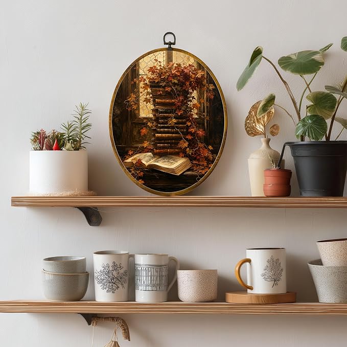 Fall Books Oval Wall Art, Framed Canvas Decor, 8.5x11.5 Inch | Stacked vintage books, maple leaves, open book and cozy cottagecore decor