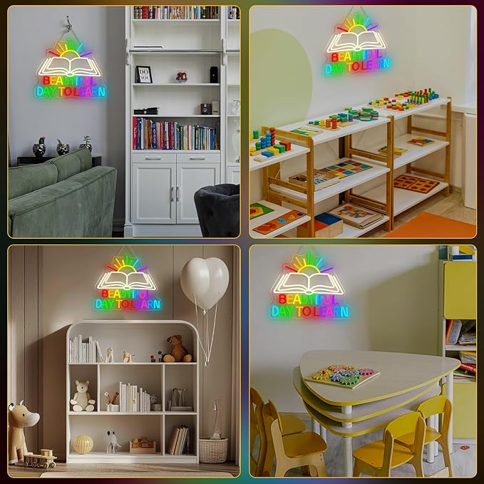 Beautiful Day Neon Sign To Learn Study Neon Signs for Classroom Wall Decor Rainbow LED Lights Up Classroom Bedroom in Reading Corner Decor Library LED Sign Study Office Gifts for Teens