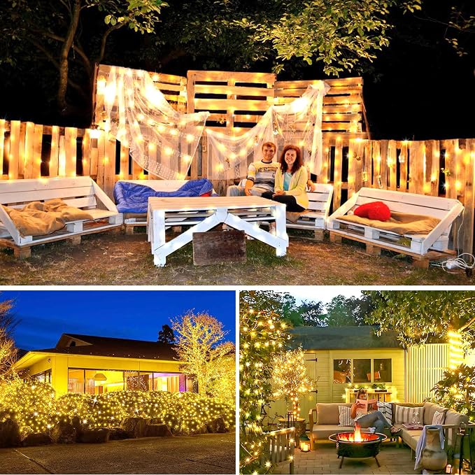 KNONEW 203FT 600 LED Outdoor Fairy Lights Plug in, Christmas Fairy Lights Outdoor Waterproof 8 Modes Memory Times for Wedding Bedroom Walls Garden Trees Decoration(Warm White)