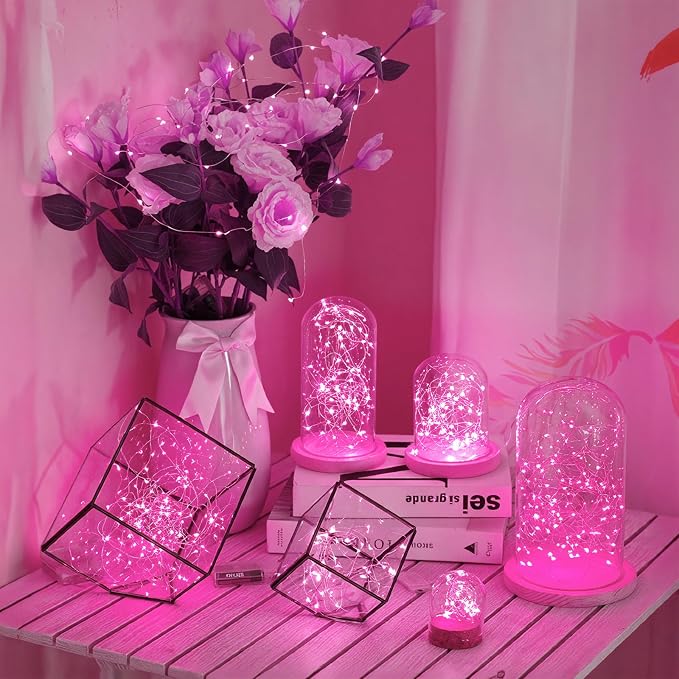 16FT(5M) Pink Copper Wire Fairy Lights, Rechargeable Battery Operated String Lights with Timer, 8 Modes Waterproof Mini LED Twinkle Lights for Bedroom Christmas Wedding Centerpiece Table Decor