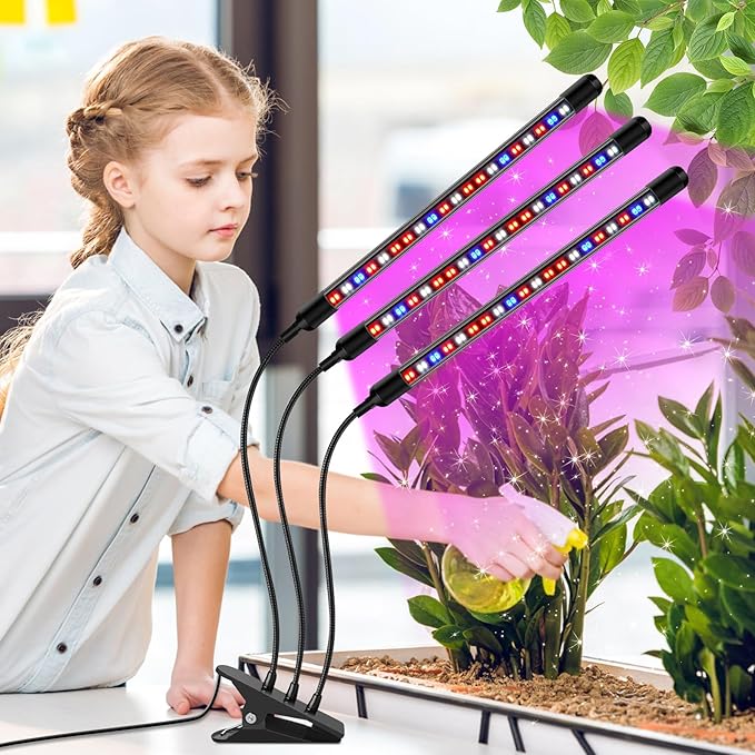 Tri-Head Clip Grow Light for Indoor Plants, Full Spectrum with 6/12/18H Timer, 5 Dimmable Levels, 3 Spectrum Modes & 360ยฐ Gooseneck for Seedlings, Houseplants, Succulents