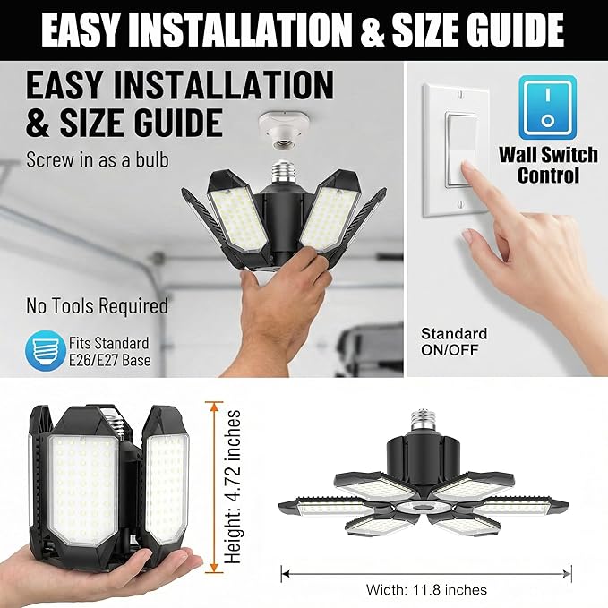 BRAINIAC 100W LED Garage Lights, 10000LM Super Bright Shop Lights with 6 Adjustable Panels, Deformable Garage Ceiling Light Bulb for Workshop, Barn, Basement, Warehouse (2 Pack