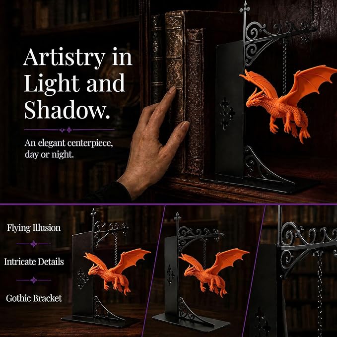 Magical Floating Dragon Bookshelf Lamp, Warm LED Dragon Night Light, Fantasy Reading Nook Decor, Unique Gift for Fantasy Lovers and Book Readers (Orange)