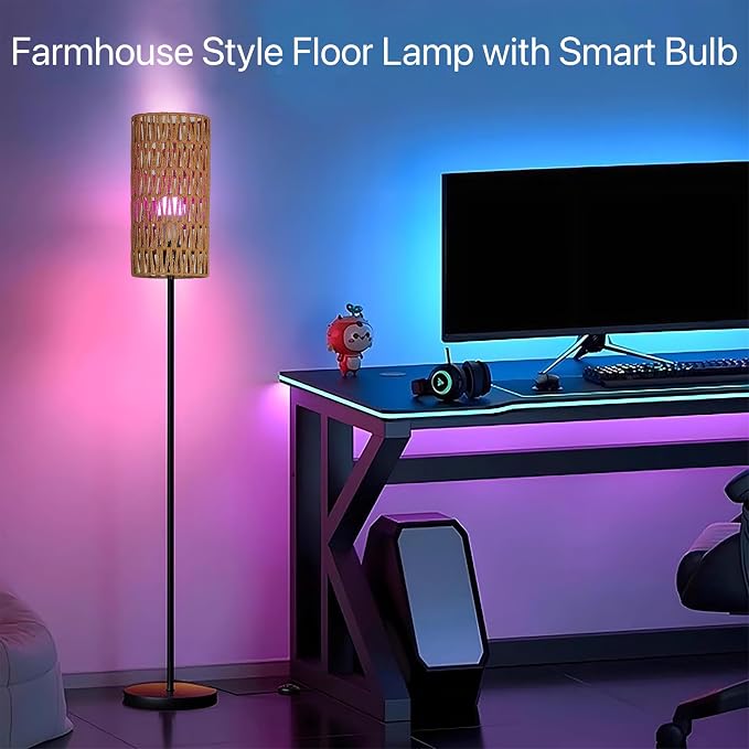 Ruiever Smart Floor Lamp for Living Room,Gaming - Remote, Timer Floor lamp with Remote, APP Control & RGB Standing lamp with Hand-Worked Rattan Shade Bluetooth Bulb Included (Bluetooth Bulb)