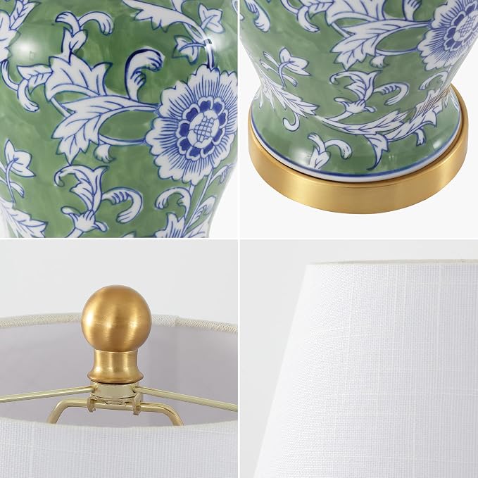JONATHAN Y Penelope Ginger Jar 22" LED Table Lamp, Green/White | Chinoiserie, Ceramic Metal Construction, French Country Traditional, Linen Empire Shade, Brass Gold, LED Bulb Included