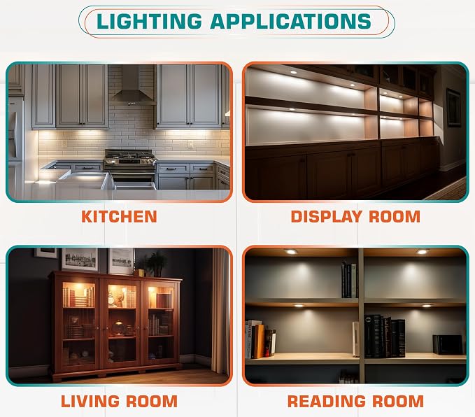 Single Under Cabinet LED Puck Light, Curio Display Case Shelf Counter Accent Lighting, 120V Electric Wired Wall Plug in, On Off Switch, Black Cords, 2 Packs, Daylight