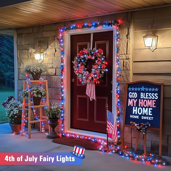 JMEXSUSS 200 LED 4th of July Fairy Lights, Red White and Blue Lights Indoor | 8 Modes with Wheel Remote Control Twinkle Patriotic Lights in for Independence Day American Flag Holiday