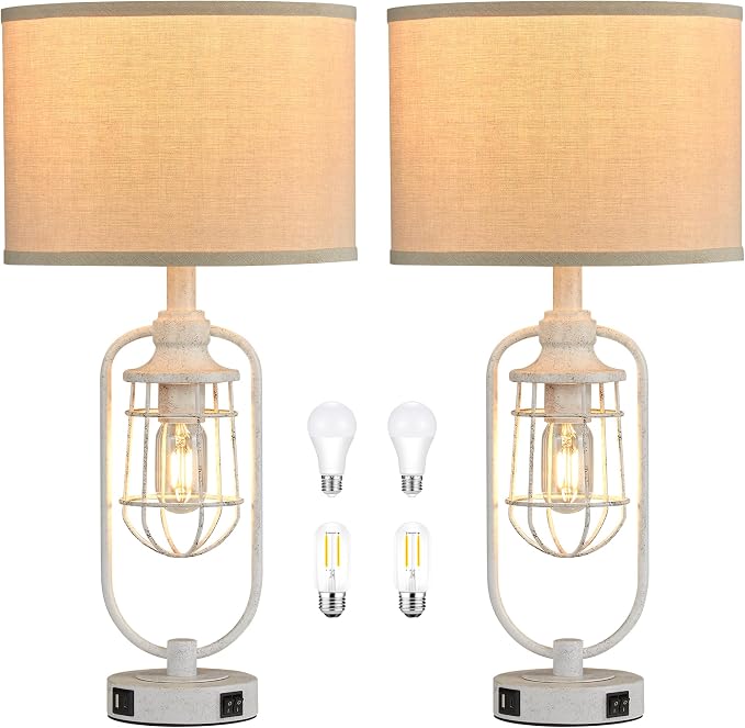 Farmhouse Table Lamps for Living Room Set of 2, Lamps for Night Stands Set of 2, Industrial Bedside Lamps for Bedroom Nightstand with USB A+C, Bulbs Included