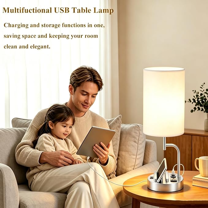Dreamholder 2 Pack Table Lamp, Bedside Lamp with 3 USB Charging Ports & AC Outlet, USB Desk Lamp with 2 Phone Holders, Linen Fabric Shade Nightstand Lamps for Bedroom Living Room Office, Silver