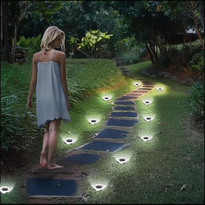 INCX 10Pack Solar Ground Lights Outdoor, 8 LED, IP65 Waterproof, Cold White | 600mAh Ni-MH battery, 8-10h runtime, stainless steel, ABS and PP body, solar garden lights for pathways, lawns and driveways