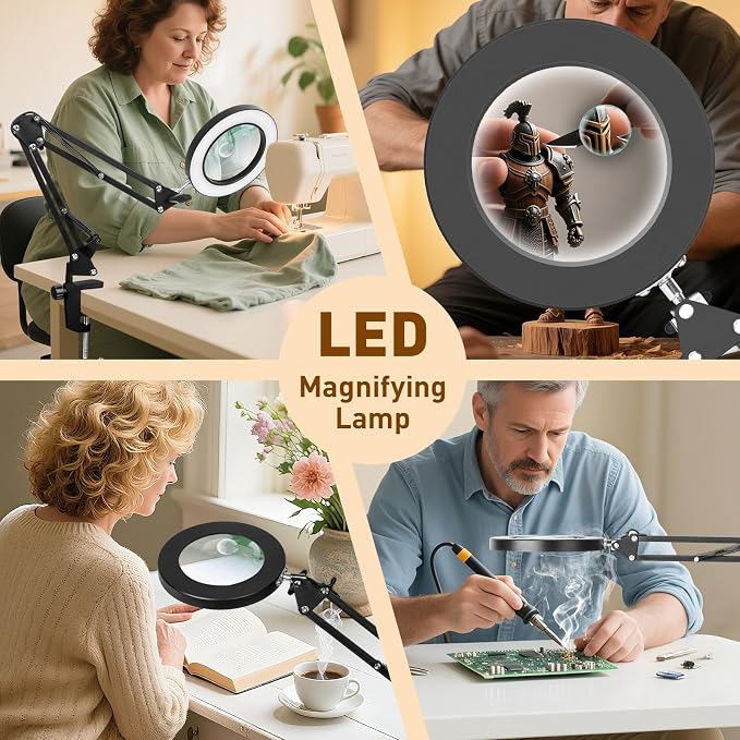 KIRKAS 12X 30X Magnifying Glass with Light and Clamp, Swivel Arm Desk Lamp | 10 Level Dimmable 3 Color Modes, Lighted Magnifier with Light for Repair, Craft, Sewing, Reading, Close Work - Black