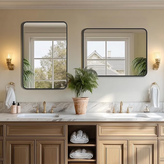 NEWBULIG 22X30 Inch Bathroom Wall Mirror, Vanity Bathroom Mirrors for Over Sink Tempered Glass, Anti-Rust Metal Framed Rounded Rectangle, Hangs Horizontally or Vertically, Farmhouse Home Decor, Black