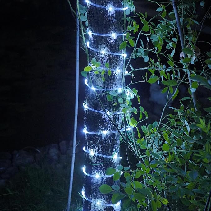 YEGUO Solar Rope Light Outdoor Waterproof, 66ft 200 LED White String Lights, 8 Modes Tube Christmas Lights in Clear Thin Tube