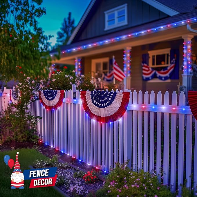 JMEXSUSS 2 Pack Red White and Blue Battery Operated Rope Lights Outdoor, 33ft 100 LED Battery Powered 4th of July Lights with Remote, 8 Modes Patriotic Rope Lights for Independence Memorial Day Decor