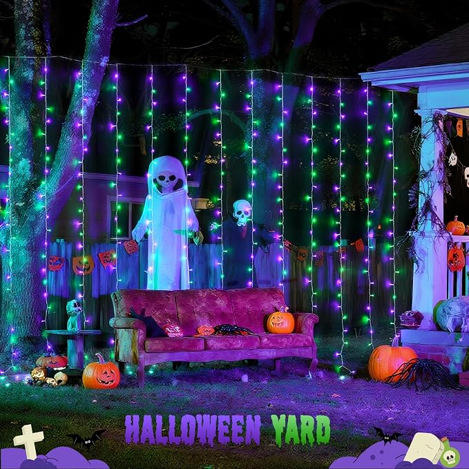 JMEXSUSS 300LED Purple & Green Curtain Lights for Halloween Decor, Plug in | 9.8x9.8ft, Halloween Curtain Lights with Remote, Twinkle Hanging String Light for Bedroom Wall Window Backdrop Indoor Outdoor