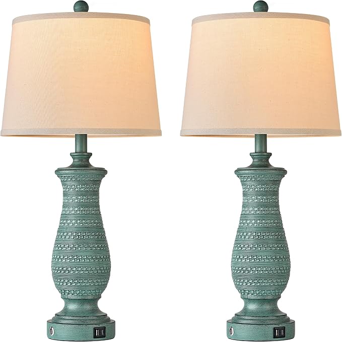 Living Room Lamps Set of 2, Table Lamps for Bedroom, Farmhouse Lamps for Nightstand with Oatmeal Linen Lampshade (Peacock Blue)