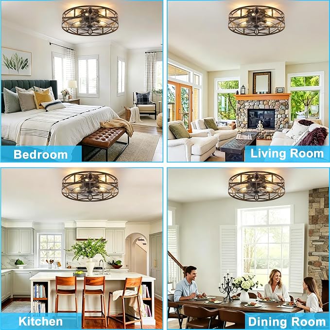 Depuley Flush Mount Ceiling Fan: 20" Caged Ceiling Fans with Remote Control for Patio Kitchen Bedroom - Low Profile Fandelier Lights Fixture Reversible 6 Speed Timer Brone 4*E26 Bulb Not Included