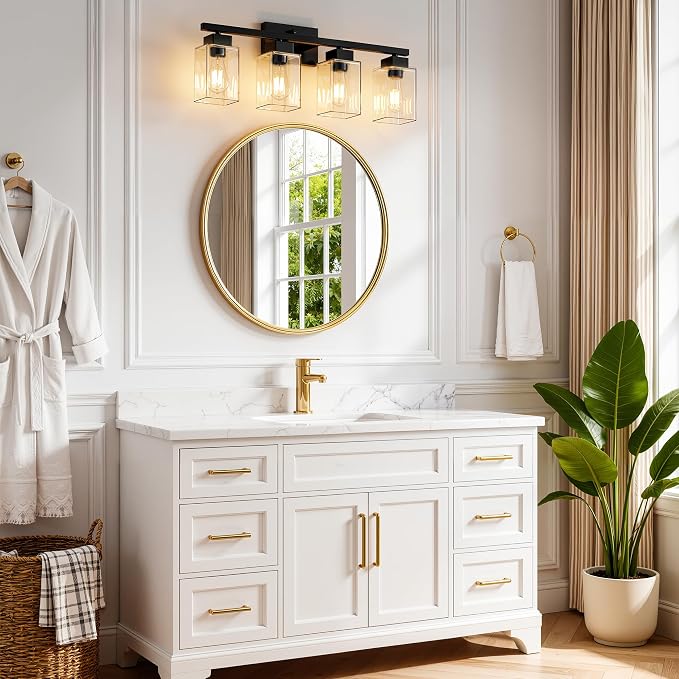 4-Light Bathroom Light Fixtures, Matte Black Modern Vanity Lights, Bathroom Lighting Fixtures Over Mirror, Square Design Farmhouse Wall Sconces with Clear Glass Shades