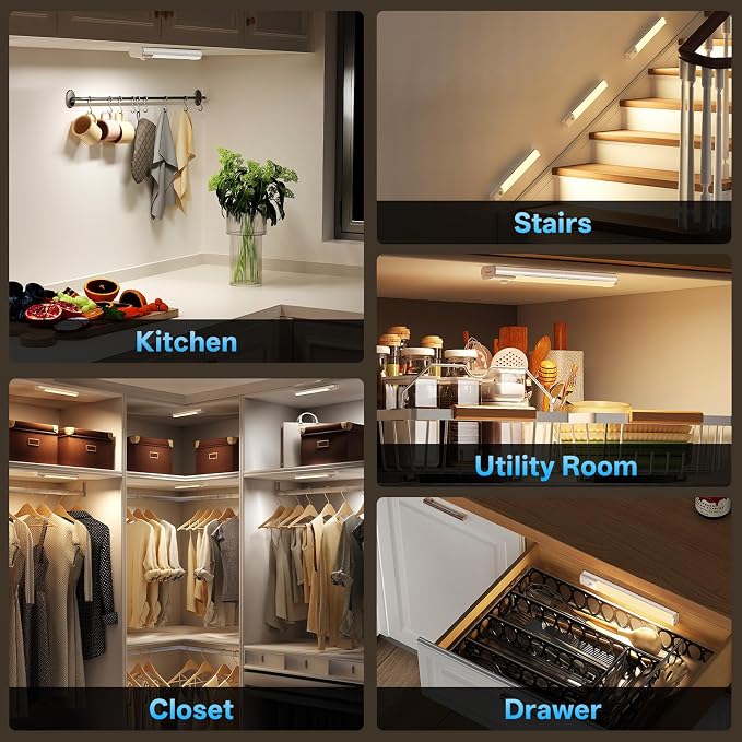 Under Cabinet Lighting with Charging Station,Battery Operated 6Pack | 8inch Motion Sensor Light Indoor,3color Dimmable Closet Light Rechargeable Wireless,Under Counter Lights for Kitchen,Stairs