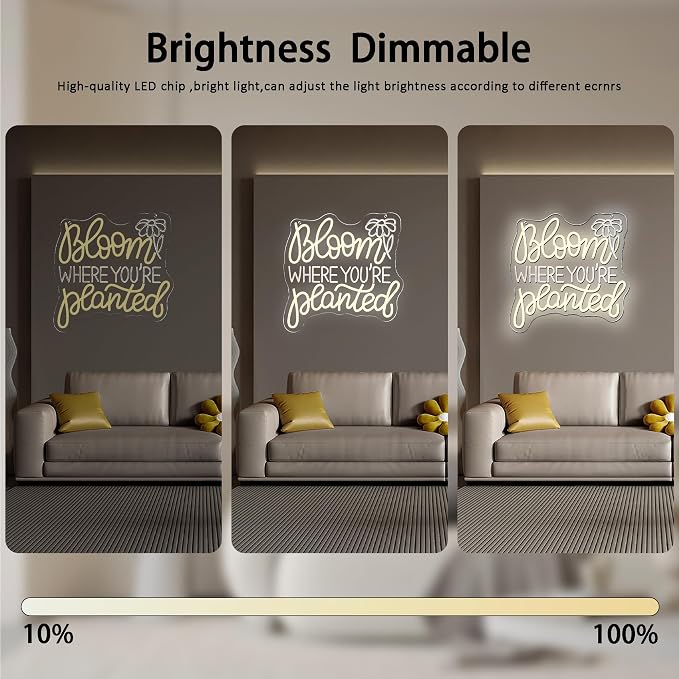 Bloom Where You’Re Planted Neon Sign, Inspirational Neon Light USB Powered LED Flower Sign Dimmable, for Office Motivational Graduation Gift Bedroom Room Living Room Library(12.9 * 12.9 In)