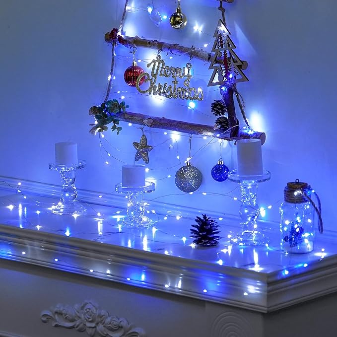 JMEXSUSS 2 Pack 33ft 100 LED Fairy Lights Battery Operated, Blue and White | Christmas Lights with Remote, Timer, 8 Modes, Battery Powered Twinkle String Lights for Bedroom Christmas Tree Mantel Decor