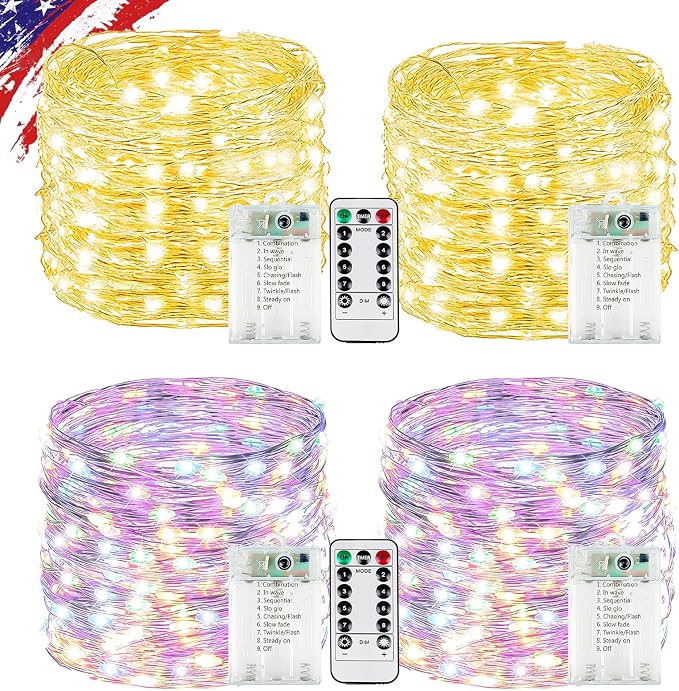 4Pack Fairy Lights Battery Twinkle Lights Remote Warm White & Multicolor | Total 80FT 240LED String Light, Timer & 8 Modes, Memory, Dimmable, Waterproof Battery Lights Indoor Outdoor Christmas Decor