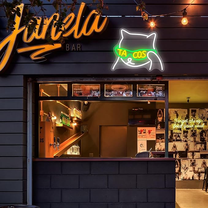 Tacos Sunglasses Cat Neon Sign, Anime Neon Signs for Wall Decor, Dimmable Led Signs for Bedroom, Cool Cat Light Up Signs for Mexican Restaurant Bar Beer Man Cave Party Decorations Gifts