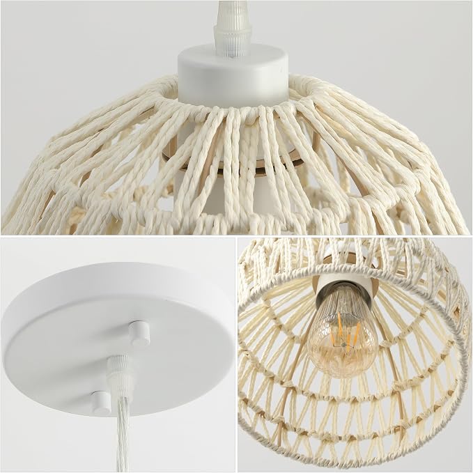 JONATHAN Y Campana 1-Light Pendant Dome Ceiling Lamp, 8.25", Cream | Modern Coastal Farmhouse Decor, Adjustable Height, Woven Rope Metal Frame, LED Bulb Included, UL Listed