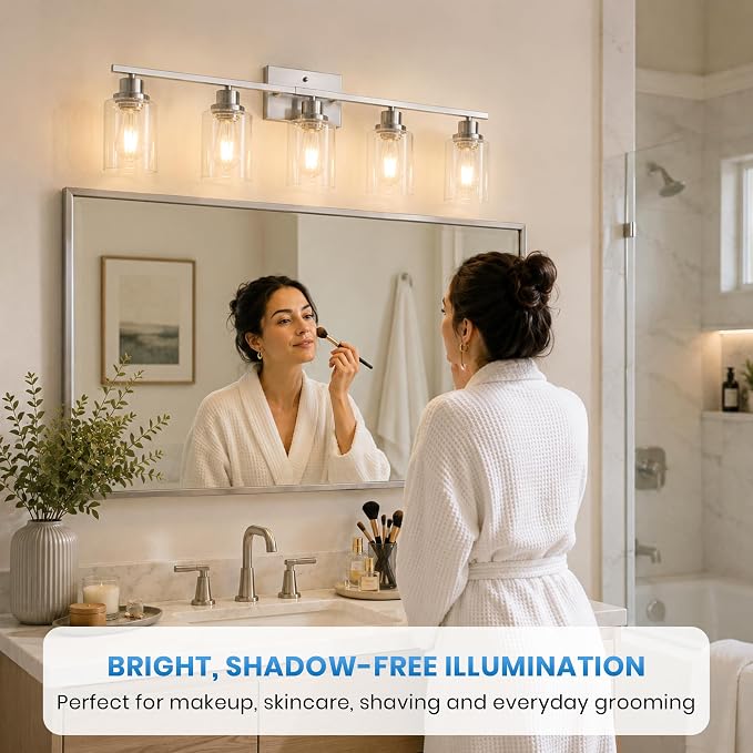Ascher 5 Light Bathroom Light Fixture, Brushed Nickel Bathroom Lighting Fixtures Over Mirror, Vanity Light with Clear Glass Shade, Wall Sconce for Living Room Bedroom Cabinet, E26 Base